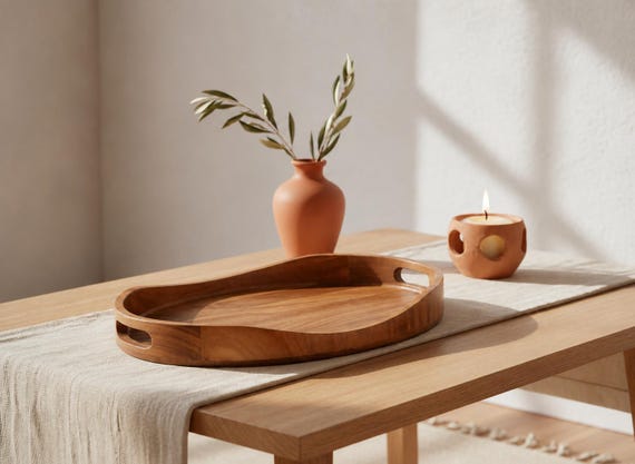 Acacia Wood Serving Tray Handles Oval Ottoman Tray Coffee Table Decor Breakfast Tray Candle Display Decorative Wood Tray Unique Gift