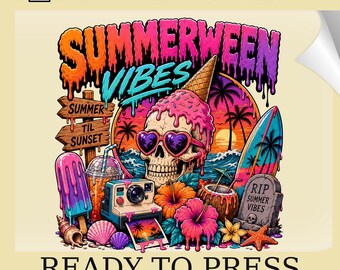 Summerween Vibes DTF Transfer: Retro Summer Skeleton Heat Print (Ready To Press)