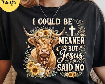 Funny Highland Cow DTF Transfer: Faithful Humor (Ready to Press) I Could Be Meaner But Jesus Said No
