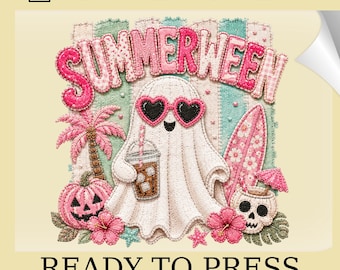 Summerween Ghost DTF Transfer: Vintage Patchwork Ready To Press Heat Print Design