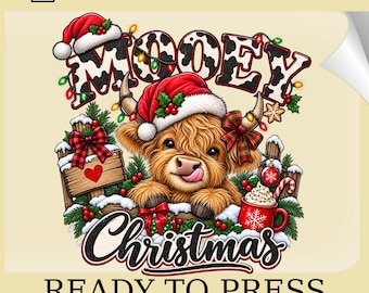 Mooey Christmas DTF Transfer: Glitter Effect Western Highland Cow Heat Print (Ready To Press)
