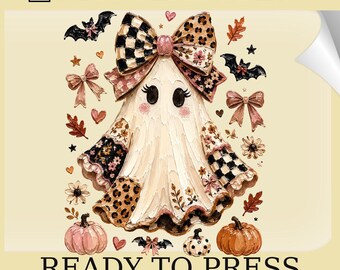 Watercolor Halloween Ghost DTF Transfer: Coquette Floral Trick or Treat Heat Print (Ready To Press)
