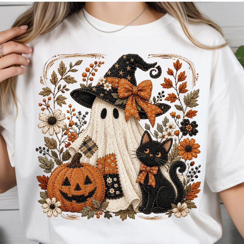 May include: A white t-shirt featuring a graphic print of a ghost wearing a black witch hat with an orange bow, a jack-o'-lantern, and a black cat with an orange bow, all surrounded by autumn-themed flowers, leaves, and berries in orange and brown.
