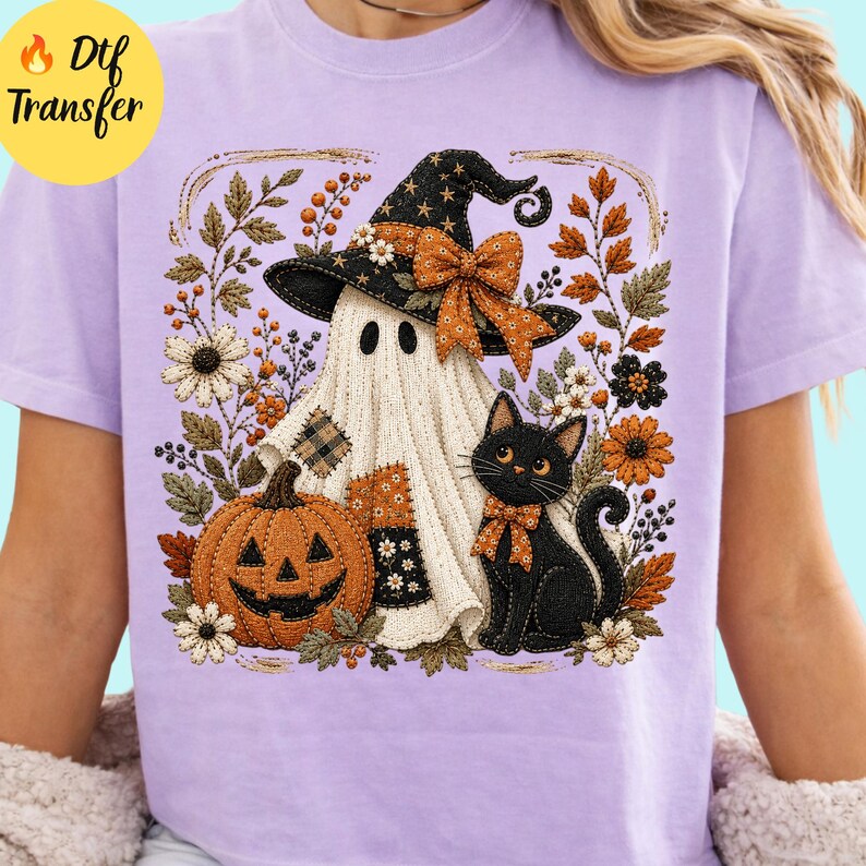 Patchwork Witch Ghost DTF Transfer: Coquette Halloween Ghost&Black Cat Heat Print Design (Ready To Press) image 5