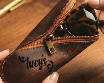 Personalized Leather Sunglasses Case, Custom Eyeglass Holder, Zipper Glasses Pouch, Engraved Name Case, Travel Gift, Soft Leather Accessory
