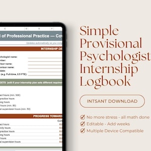 Op de afbeelding: Een digitale tablet toont een Record of Professional Practice logboek voor voorlopige psychologen. Het scherm bevat velden voor stagegegevens, doelen en voortgang. De tekst rechts luidt Simple Provisional Psychologist Internship Logbook.