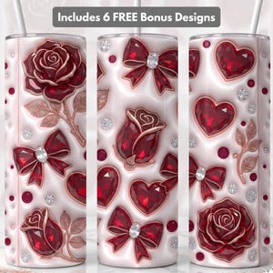 Inflated Rhinestone Rose Tumbler Wrap PNG, Ruby Rose Gold Bling Bow Tumbler Design, 20 oz Skinny Straight Sublimation PNG