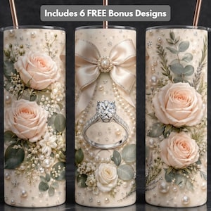 Bridal Rose Engagement Ring Tumbler Wrap PNG, Pearl Bow Sublimation Design (Digital Download)