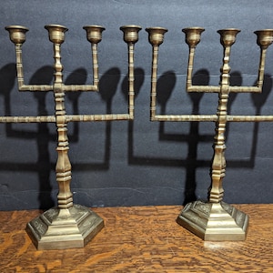 2 - Vintage Brass Metal Candelabra Candle Holders - Holds 5 Candles - Asian Symbol Etchings