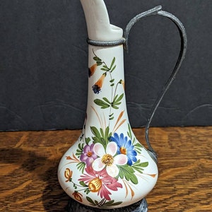 Hand Painted Porcelain Ewer Pitcher with Metal Handle & Base - Vintage European Pottery - Possibly Portugal - Colorful Florals