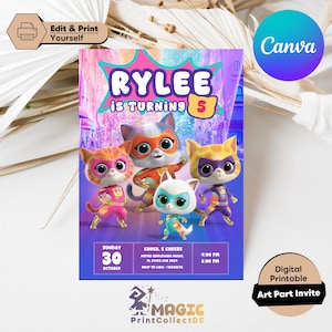 Może przedstawiać: Prostokątne zaproszenie na urodziny z czterema kotami z kreskówek przebranymi za superbohaterów. Tekst brzmi RYLEE IS TURNING 5, SUNDAY 30 OCTOBER, CHUCK E CHEESE, MEYER BOULEVARD MIAMI, FL 33334 AVE 9384, RSVP TO LISA 12345678, 4:00 PM, 6:00 PM.