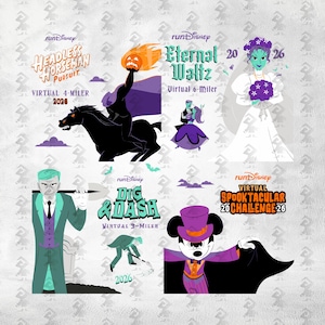 Könnte beinhalten: Eine Sammlung von runDisney virtuellen Event-Grafiken, darunter der Headless Horseman Pursuit 4-Miler, der Eternal Waltz 6-Miler mit einer Braut, der Dig & Dash 3-Miler mit einem Totengräber und die Virtual Spooktacular Challenge 2026 mit Mickey Mouse.