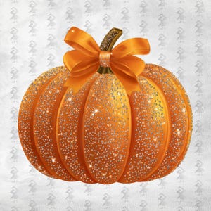 May include: A bright orange pumpkin featuring a textured surface covered in small, reflective silver rhinestones. A large, smooth orange ribbon bow is tied around the stem, which is also embellished with matching silver rhinestones.