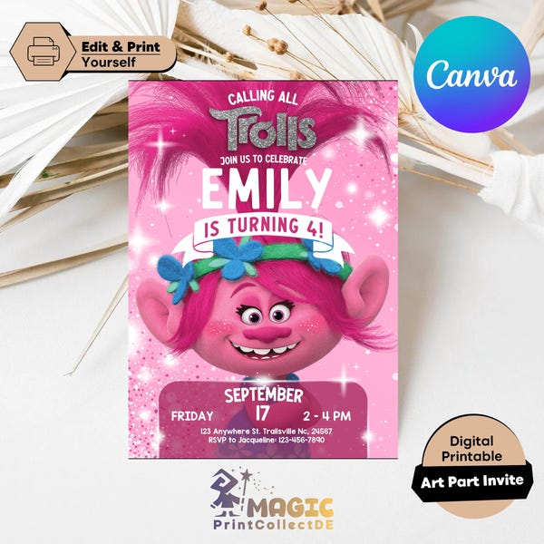 Trolls Invitation, Trolls Birthday Invite Printable, Trolls Craziest Party Birthday Invitation, Digital Trolls Party Editable Template Canva