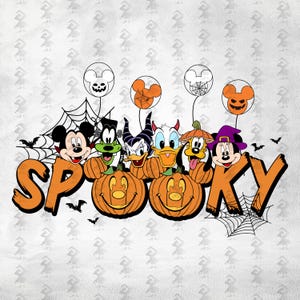 May include: A graphic design featuring the word SPOOKY in orange letters, with cartoon characters including Mickey, Goofy, Maleficent, Donald, Pluto, and Minnie dressed for Halloween. They are surrounded by spiderwebs, bats, and pumpkin balloons.