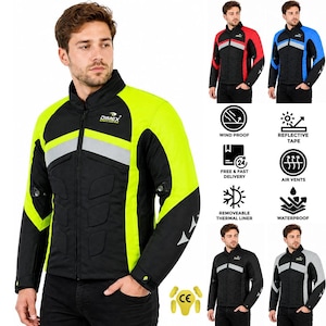 May include: A black and neon yellow motorcycle jacket with a high collar, front zipper, and reflective chest stripes. The jacket features a Dimex logo on the chest, padded sections, and sleeve details. Icons indicate windproof, reflective, and waterproof features.