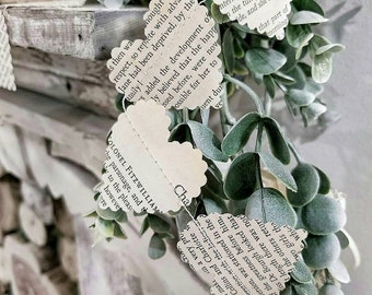 Pride and Prejudice Paper Book Garland - Vintage - Scallop Edge Heart - Home Decor - Bookish Party Decorations - Wedding Banner - Shower