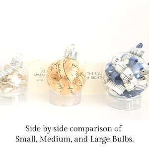 Peut inclure: Trois boules de No&euml;l en verre de diff&eacute;rentes tailles, chacune remplie de papier roul&eacute;. La plus petite boule est remplie de papier blanc, la boule moyenne est remplie de papier cr&egrave;me et la plus grande boule est remplie de papier bleu. Le texte sur le papier est visible. Le texte sur le papier blanc est "they", "the", "weve", "and", "flowers". Le texte sur le papier cr&egrave;me est "Les Mis&eacute;rables", "Victor Hugo", "that this", "Rapa", "Hicle". Le texte sur le papier bleu est "The Bill of Rights", "Joy to the World", "Isaac Watts".