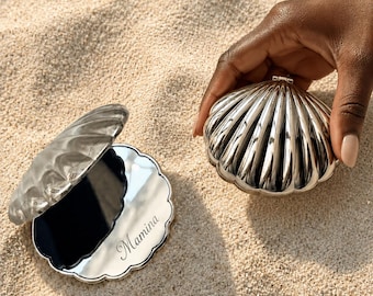Personalisierte Seashell Mermaid Compact Travel Make-up Spiegel | Taschenspiegel mit Gravur, Brautjungfer Vorschlag Box, Hen Party Favor