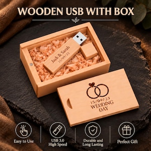Wooden USB with personalised Gift Box, Engraved USB Photo Stick for Wedding Memories, Custom Name Date Keepsake, Anniversary Present