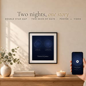 Könnte beinhalten: Ein gerahmtes Doppel-Sternkarten-Poster mit zwei kreisförmigen Nachthimmelkarten, dem Text "Two nights, one story", "DOUBLE STAR MAP - TWO SKIES BY DATE - POSTER + VIDEO" und "Emma & James". Ein Smartphone zeigt eine passende digitale Videoversion.