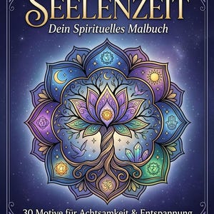 May include: A digital coloring book cover titled SEELENZEIT Dein Spirituelles Malbuch featuring a central lotus flower and tree of life illustration surrounded by chakra symbols, moons, a sun, crystals, and birds against a dark blue starry background.