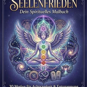 May include: A digital coloring book cover titled Seelenfrieden Dein Spirituelles Malbuch featuring a central winged figure in a meditative pose with seven colored chakra symbols along the torso, surrounded by cosmic patterns, a snake, and symbols.