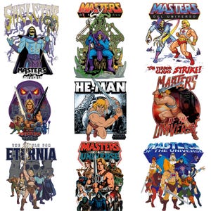 Könnte beinhalten: Eine Sammlung von neun Masters of the Universe Grafikillustrationen mit Charakteren wie He-Man und Skeletor in verschiedenen Action-Posen, inklusive fetter Schriftzüge wie Masters of the Universe, Skeletor, He-Man, The Battle for Eternia und The Terror Claws Strike.