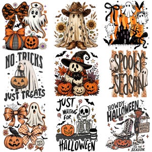 May include: A collection of nine Halloween-themed graphic designs featuring ghosts, pumpkins, skeletons, and fall motifs. Elements include a ghost in a cowboy hat, a dog in a ghost costume, a scarecrow, bows, and text like No Tricks Just Treats.