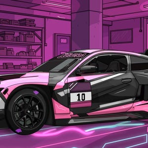 May include: A digital illustration of a sports car in a garage setting. The car features a black and pink geometric paint scheme with the number 10 on the door and a large rear spoiler. The scene is bathed in vibrant purple and pink neon lighting.