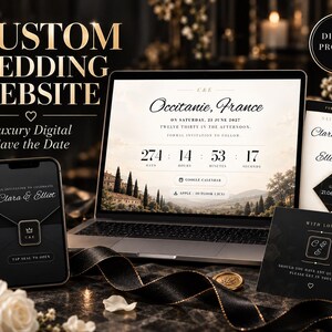 Op maat gemaakte trouwwebsite in zwart-goud, gepersonaliseerde save-the-date, live aftelling (digitaal product)