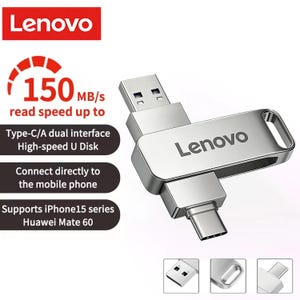 Puede incluir: Una unidad flash USB Lenovo plateada de doble interfaz, con un conector USB-A en un extremo y un conector USB-C en el otro. El dispositivo indica una velocidad de lectura de 150 MB/s, interfaz dual Tipo-C/A y compatibilidad con iPhone 15 y Huawei Mate 60.
