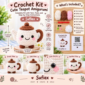 Pode incluir: Um kit de crochê para um amigurumi de bule da Sufiex. O kit inclui fio branco e marrom, olhos de segurança, uma agulha de crochê, uma agulha de tapeçaria, marcadores de pontos e enchimento. O bule mede 9,0 cm de altura e 12,0 cm de largura.