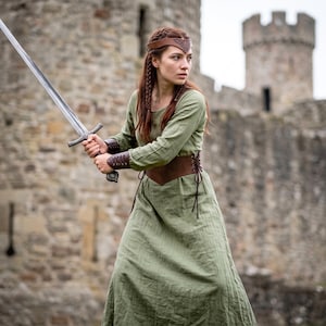 Wikinger-Leinenkleid & LARP-Accessoires aus Kunstleder, Mittelalter-Cosplay-Kostüm für Damen, Renaissance-Festival-Outfit