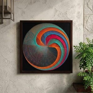 May include: A square wall art piece featuring a circular string art design on a black background. The design consists of vibrant orange, teal, blue, and magenta threads arranged in a swirling, geometric pattern within a dark brown wooden frame.