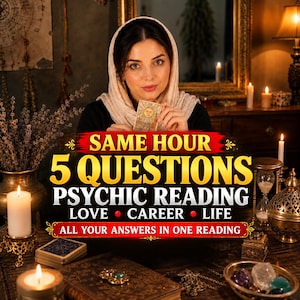 May include: A psychic reading service advertisement featuring the text SAME HOUR 5 QUESTIONS PSYCHIC READING LOVE CAREER LIFE ALL YOUR ANSWERS IN ONE READING. The image displays a person holding a tarot card, surrounded by candles, crystals, and books.