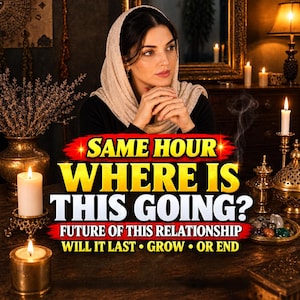 May include: A person wearing a headscarf sits behind a table with candles and text that reads: SAME HOUR WHERE IS THIS GOING? FUTURE OF THIS RELATIONSHIP WILL IT LAST • GROW • OR END. The scene includes brass candle holders and a bowl of stones.