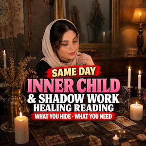 May include: A reading service advertisement featuring the text SAME DAY INNER CHILD & SHADOW WORK HEALING READING WHAT YOU HIDE - WHAT YOU NEED. The image displays a person in a headscarf behind a table with candles, tarot cards, and a crystal ball.
