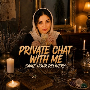 May include: A person wearing a light-colored head covering holds a tarot card featuring a sun illustration. The text "PRIVATE CHAT WITH ME SAME HOUR DELIVERY" is overlaid in gold. The scene includes lit candles, an hourglass, and crystals.