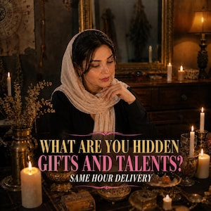 May include: A person wearing a beige headscarf and black top, positioned behind a table with lit candles and decorative items. The text reads: WHAT ARE YOU HIDDEN GIFTS AND TALENTS? SAME HOUR DELIVERY. The scene is dimly lit with warm candle glow.