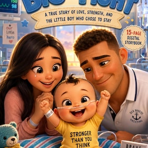 May include: A digital storybook cover titled Tiny Fists, Big Fight featuring a smiling baby in a yellow onesie with the text Stronger Than You Think, flanked by two adults. The scene includes a blue teddy bear, a star plush, and medical equipment.