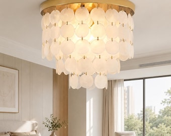 Capiz Shell Chandelier Gold Coastal Flush Mount Ceiling Light