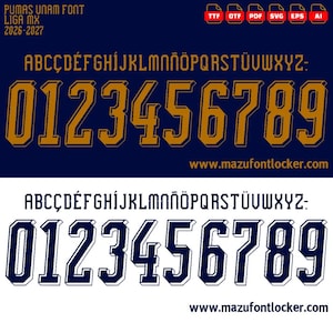 May include: A digital font file set titled Pumas UNAM Font Liga MX 2026-2027, featuring two color variations of the alphabet and numbers 0-9. The first set is gold with dark outlines, and the second is dark blue with white outlines. Includes TTF, OTF, PDF, SVG, EPS, and AI file formats.