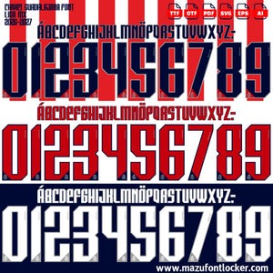 May include: A digital font set titled Chivas Guadalajara Font Liga Mix 2026-2027, featuring three sets of uppercase letters A-Z and numbers 0-9 in dark blue, red, and white. File formats include TTF, OTF, PDF, SVG, EPS, and AI, with a website URL.