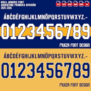 Peut inclure: Un ensemble de fichiers de police numérique intitulé Boca Juniors Font Argentine Primera División 2025-2026. Il affiche l'alphabet et les chiffres 0-9 en deux variantes de couleurs : caractères blancs sur fond bleu et caractères bleus sur fond jaune.