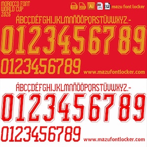 May include: A digital font display titled Morocco Font World Cup 2026 featuring uppercase letters and numbers 0-9 in two color variations. The top set is gold with red outlines on a red background, and the bottom set is red with white outlines.