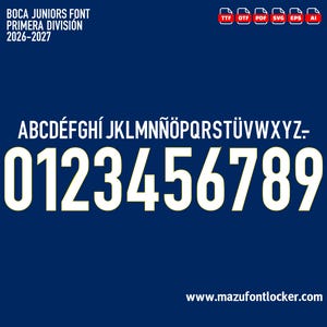 Peut inclure: Un ensemble de fichiers de police numérique intitulé BOCA JUNIORS FONT PRIMERA DIVISIÓN 2026-2027, présentant des lettres majuscules et des chiffres blancs sur fond bleu foncé. Inclut des icônes de format TTF, OTF, PDF, SVG, EPS, AI et l'URL www.mazufontlocker.com.