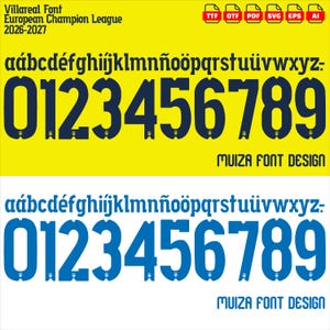 Op de afbeelding: Een digitale lettertypeweergave getiteld Villareal Font European Champion League 2026-2027, met twee sets van het alfabet en cijfers 0-9 in donkerblauw en helderblauw op een gele achtergrond, met bestandsformaatpictogrammen TTF, OTF, PDF, SVG, EPS, AI.