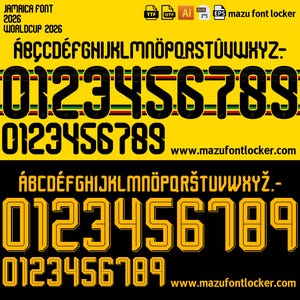 May include: A digital font display titled Jamaica Font 2026 Worldcup 2026, featuring two sets of alphanumeric characters. The top section shows black letters and numbers on a yellow background with red, yellow, and green stripes. The bottom section displays yellow outlined characters on a black background. Includes file format icons and the URL www.mazufontlocker.com.
