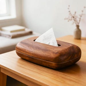Peut inclure: Un boîtier à mouchoirs rectangulaire en bois brun foncé poli avec un grain naturel visible. L'objet présente des bords arrondis et une ouverture ovale centrale sur le dessus, à travers laquelle un mouchoir en papier blanc est extrait.